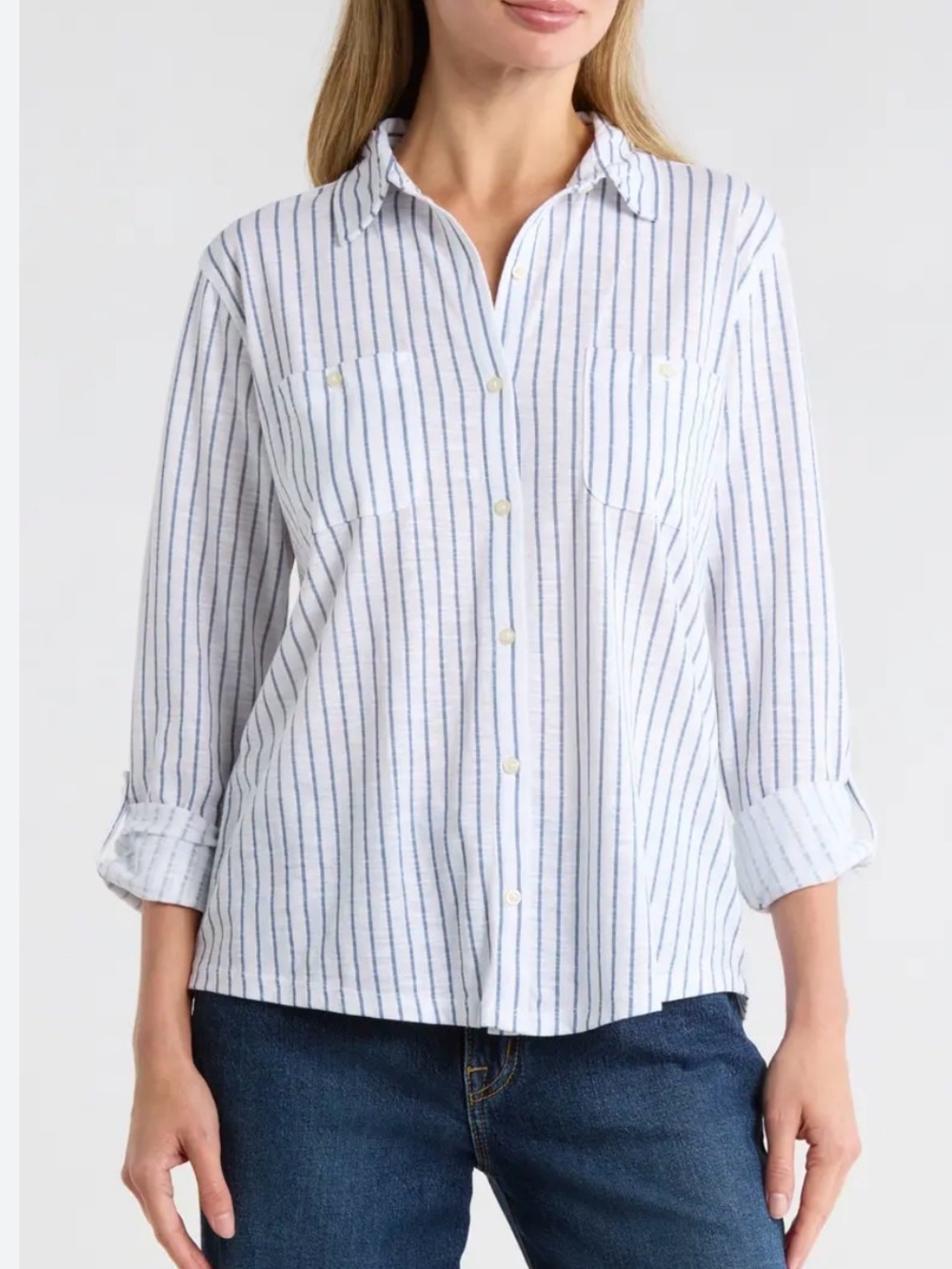 Lucky Brand White Button-Up Shirt with Navy Pinstripes NWOT